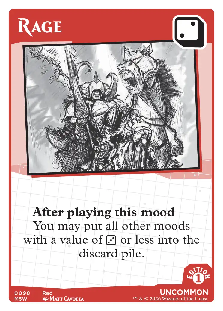 Rage — Mood Swings Mark Rosewater card game, Red Uncommon mood card #0098. Dice value: 2. A horned armored warrior raises a spear beside a rearing beast with a wide open roaring mouth, rendered in loose ink sketch style. Ability: After playing this mood — You may put all other moods with a value of 2 or less into the discard pile. MSW Edition 1, art by Matt Cavotta.