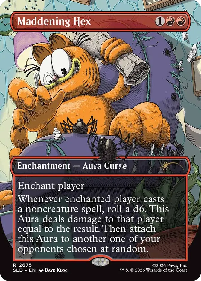 Cartoon cat holds a newspaper, surrounded by scared spiders on furniture. Card title "Maddening Hex" with enchantment text below.