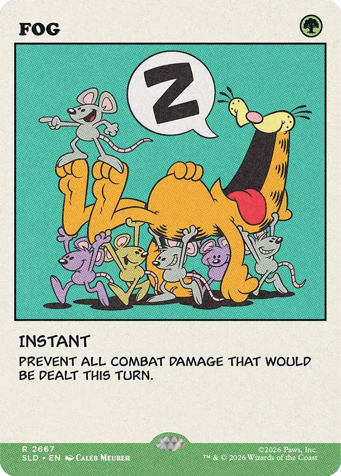 Cartoon tiger sleeping, surrounded by happy mice. Speech bubble with "Z" indicates sleep. Text below: "Instant. Prevent all combat damage."