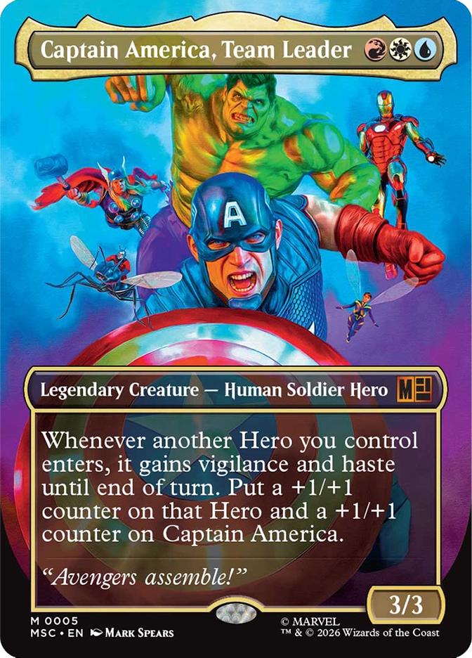 Captain America, Team Leader — Mythic Legendary Creature, Human Soldier Hero, cost RWU, 3/3, card #M0005. A fully illustrated action scene with a blue-helmeted soldier with a white A insignia charging forward with a red fist and circular shield in the foreground, a massive roaring green-skinned figure looming large behind him, a red-caped hammer-wielding warrior and a small insect-riding hero on the left, and a red and gold armored figure on the right, all against a vivid blue and purple cloudy sky. Whenever another Hero you control enters, it gains vigilance and haste until end of turn, put a +1/+1 counter on that Hero and on Captain America. Flavor text: 'Avengers assemble!' MSC set, full art extended gold border, art by Mark Spears, Marvel. 2026 Wizards of the Coast.