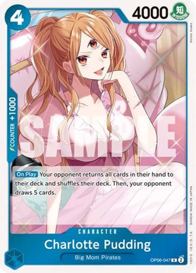 Anime-style character card with a red-haired girl, three eyes, and a pink background. Text includes "Charlotte Pudding" and gameplay details.