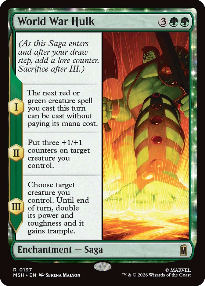 World War Hulk — Rare Enchantment Saga, cost 3GG, card #R0197. A massively muscular green-skinned figure in gladiatorial armor with large red circular studs on the chest plate stands arms wide in a heroic pose, bathed in intense golden orange light with energy beams radiating outward from below against a fiery red and orange background. Three lore chapter abilities: I — The next red or green creature spell you cast this turn can be cast without paying its mana cost; II — Put three +1/+1 counters on target creature you control; III — Choose target creature you control, until end of turn double its power and toughness and it gains trample. MSH set, green border with gold constellation foil treatment, art by Serena Malyon, Marvel. 2026 Wizards of the Coast.