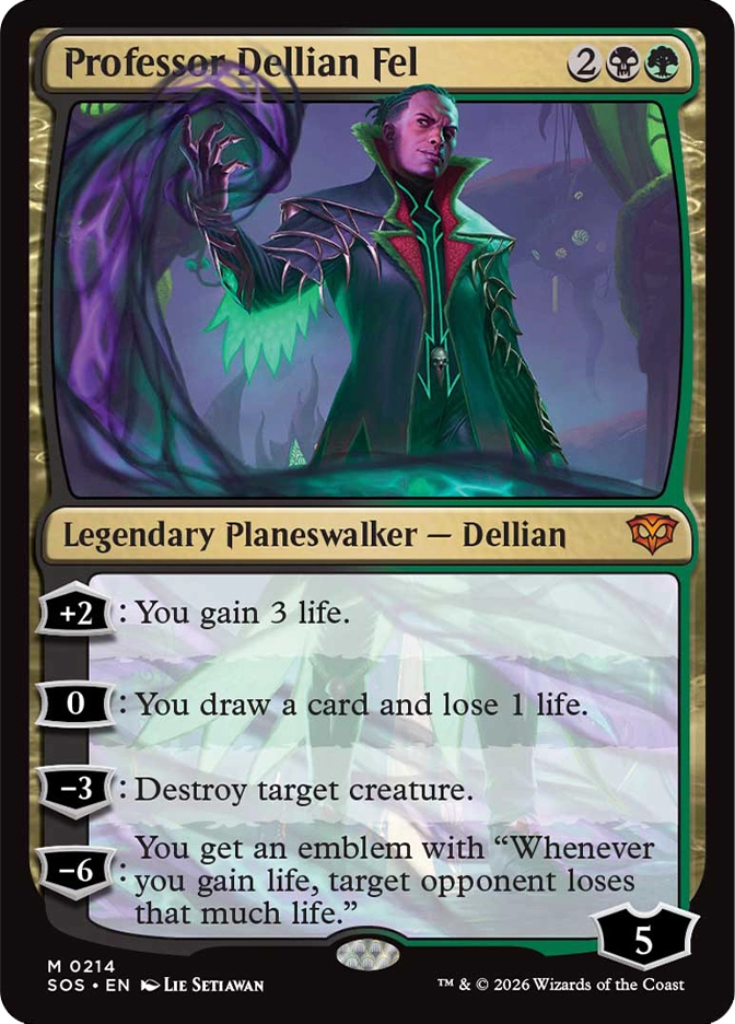 Magic: The Gathering — Secrets of Strixhaven. Professor Dellian Fel, Mythic Rare, Legendary Planeswalker — Dellian, Starting Loyalty 5. Art depicts a stern figure in a dark green coat with spiked shoulders raising one hand as a shadowy purple wraith looms behind him in a murky swamp setting.