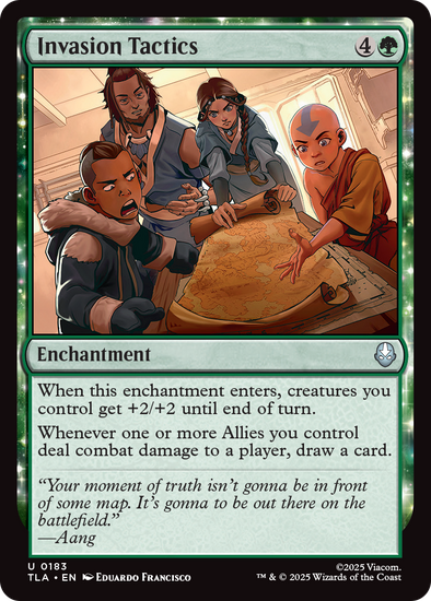 Magic: The Gathering green enchantment card. Aang and allies plan around a glowing map. Boosts creatures on entry and draws cards when Allies deal combat damage. Flavor text highlights battlefield truth.