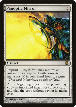 A massive, glowing silver mirror hovers in a dark chamber, reflecting infinite images. Silver frame for artifact card with arcane, futuristic design.