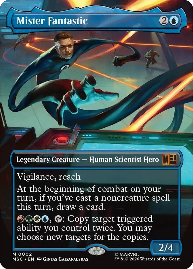 Mister Fantastic — Mythic Legendary Creature, Human Scientist Hero, cost 2U, 2/4, card #M0002. A lean man in a dark blue suit with a circular 4 emblem on his chest stretches and contorts his elongated rubbery limbs dramatically across a high-tech laboratory environment with glowing orange energy conduits, a second figure visible in the background. Vigilance, reach. Abilities: At the beginning of combat on your turn, if you've cast a noncreature spell this turn, draw a card; Pay a cost and tap — Copy target triggered ability you control twice, you may choose new targets for the copies. MSC set, extended art blue border, art by Gintas Galvanauskas, Marvel. 2026 Wizards of the Coast.