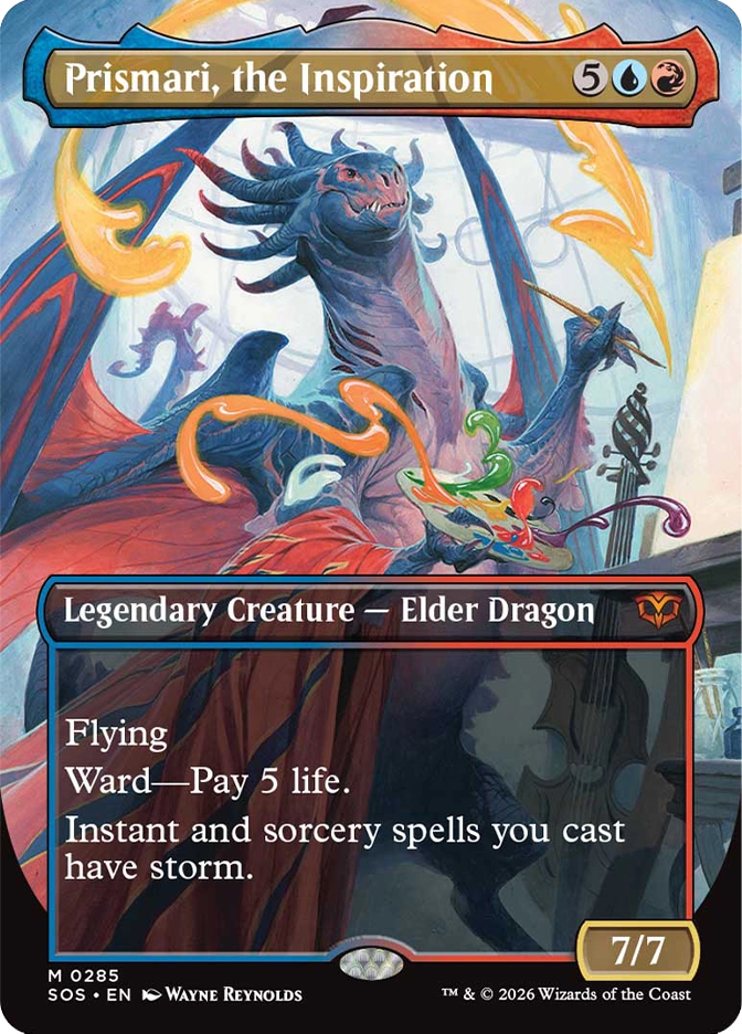 Magic: The Gathering — Secrets of Strixhaven. Prismari, the Inspiration, Mythic Rare, Legendary Creature — Elder Dragon, 7/7. Art depicts a large blue-black dragon holding a painter's palette with swirling colorful magic, a cello visible in the background.