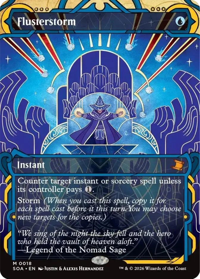 Mythic Instant, U. A small wizard in a purple hat and cloak stands center stage in an art-deco archway, surrounded by many large upward-reaching hands and shooting stars. SOA set, card M0018, art by Justin & Alexis Hernandez.
