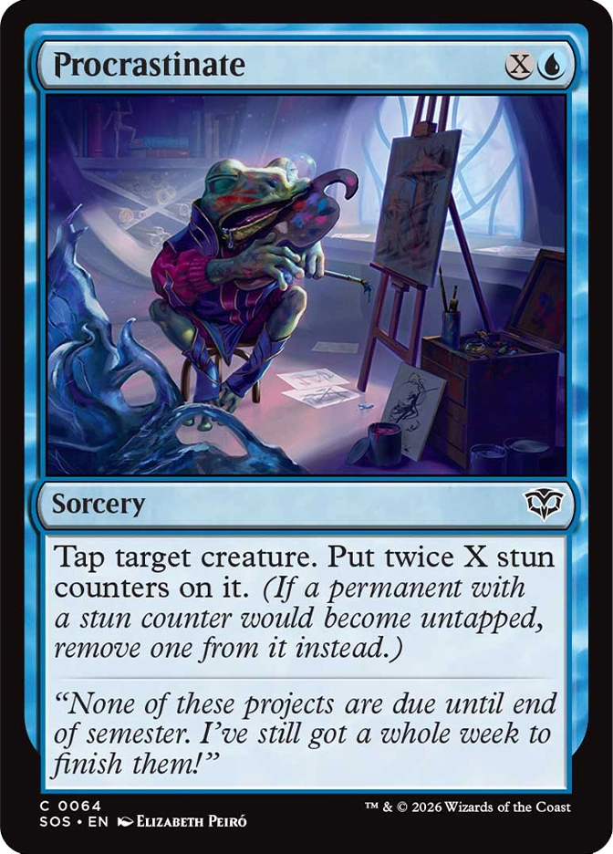 Magic: The Gathering — Secrets of Strixhaven. Procrastinate, Common, Sorcery. Art depicts a frog student in colorful robes lounging on a stool, casually dabbing a paintbrush while surrounded by an unfinished canvas, scattered sketches, and art supplies.