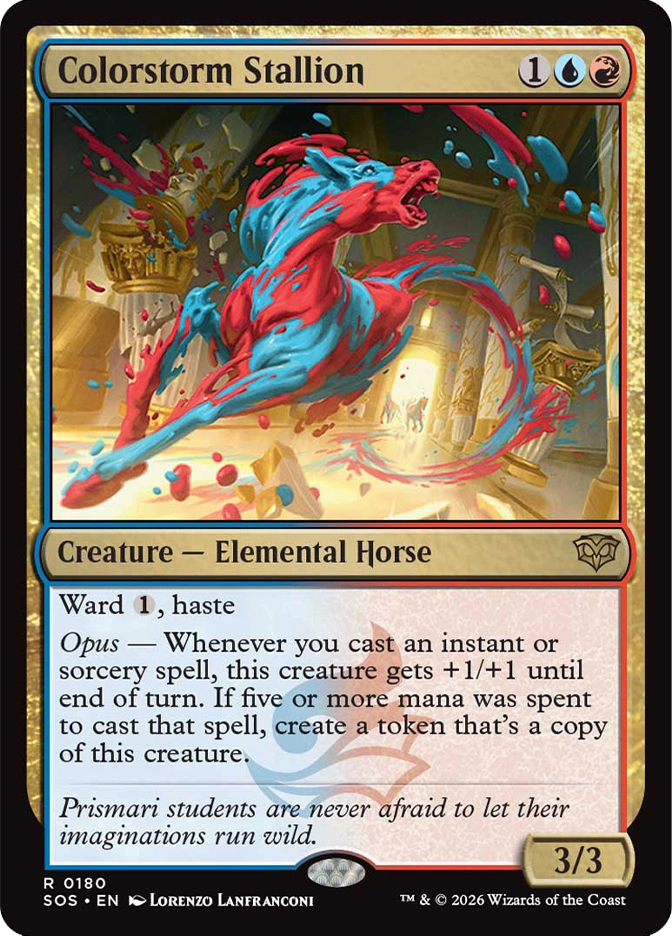 Magic: The Gathering — Secrets of Strixhaven. Colorstorm Stallion, Rare, Creature — Elemental Horse, 3/3. Art depicts a rearing horse made of splashing red and blue paint, leaping through a grand golden hall with droplets of color flying off its form.