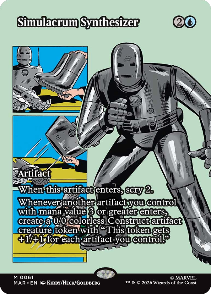 Magic: The Gathering MAR mythic rare artifact card Simulacrum Synthesizer. Art by Kirby, Heck, and Goldberg in vintage Marvel comic style on a mint green background, featuring two inset panels showing the original gray Iron Man armor being assembled, alongside a full illustration of the early Iron Man suit in a combat stance. Scrys 2 on entry and creates a scaling 0/0 Construct token whenever another artifact with mana value 3 or greater enters under your control.