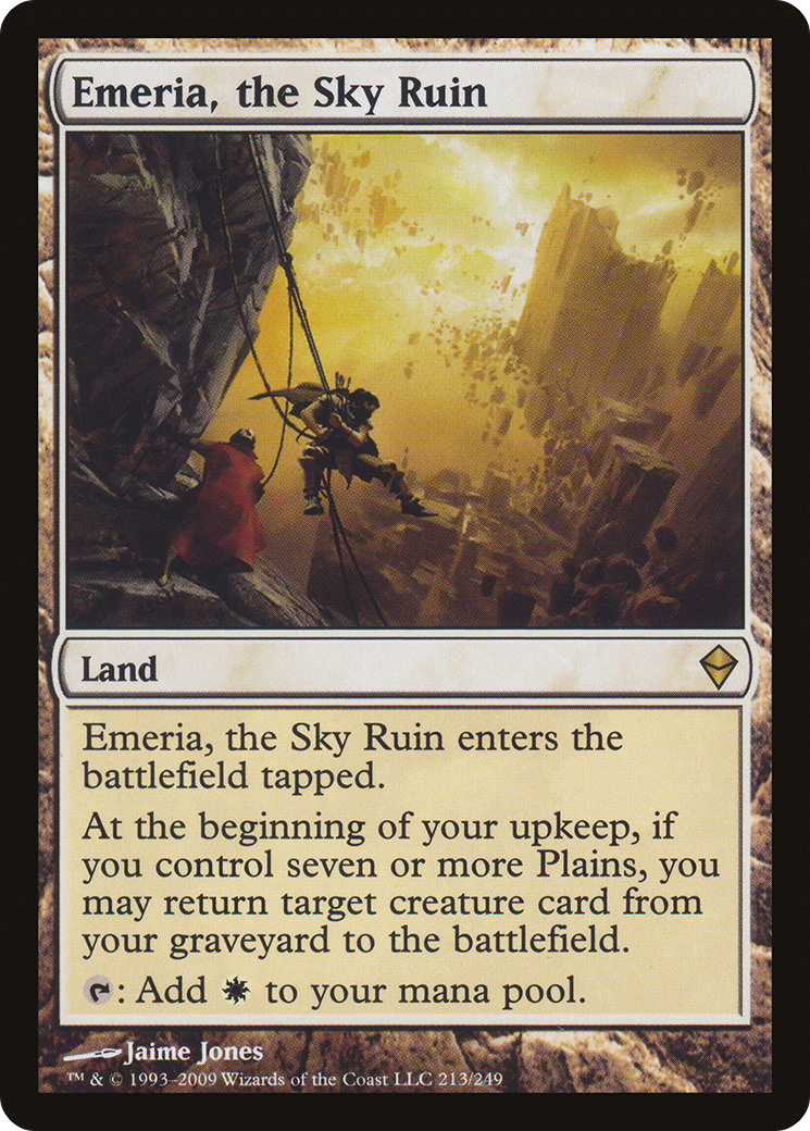 Two figures climb rock cliffs against a yellow sky. Text: "Emeria, the Sky Ruin." Fantasy landscape card with game details.
