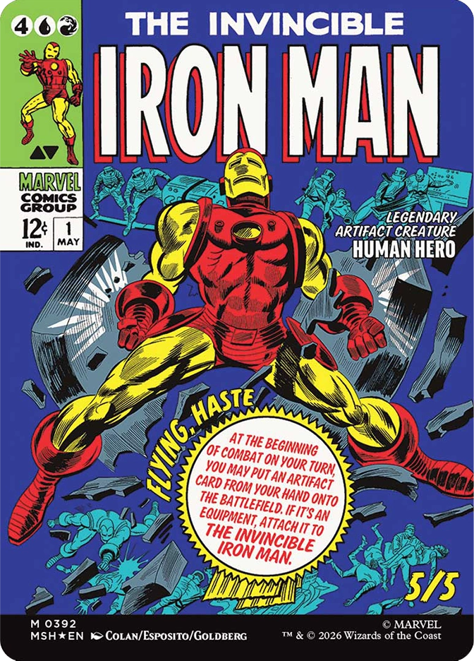 The Invincible Iron Man — Mythic Legendary Artifact Creature, Human Hero, cost 4UR, 5/5, card #M0392. Retro Marvel Comics Group cover art styled as The Invincible Iron Man issue 1, price 12 cents, May. A blocky red and yellow armored figure strides forward powerfully through a field of blue-tinted debris and smaller figures in the background, rendered in classic Silver Age comic book line art on a blue background. Card text integrated into the cover layout: Flying, haste; At the beginning of combat on your turn, you may put an artifact card from your hand onto the battlefield — if it's Equipment, attach it to The Invincible Iron Man. MSH set, star rare comic cover treatment, art by Colan/Esposito/Goldberg, Marvel. 2026 Wizards of the Coast.