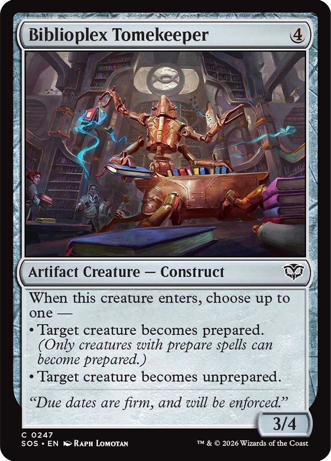 Magic: The Gathering — Secrets of Strixhaven. Biblioplex Tomekeeper, Common, Artifact Creature — Construct, 3/4. Art depicts a tall bronze mechanical golem with multiple arms sorting glowing books behind a library desk, with students working in the background.