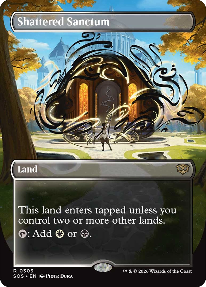 Magic: The Gathering — Secrets of Strixhaven. Shattered Sanctum, Rare, Land. Art depicts a lone figure approaching a grand ornate doorway enveloped in swirling black calligraphic energy, set in a sunlit garden with golden autumn trees.