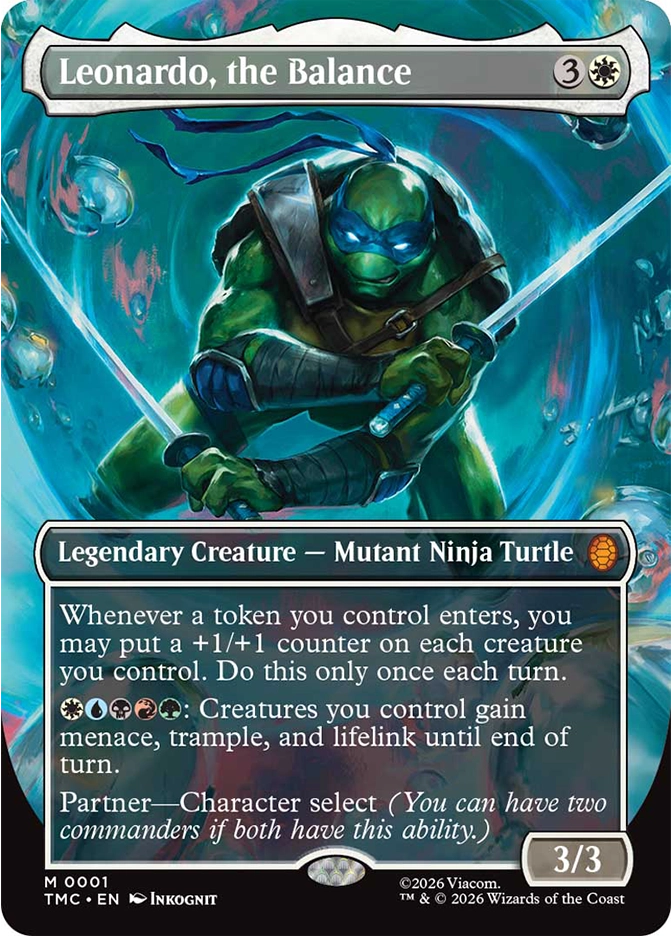 A disciplined mutant turtle warrior stands ready with twin swords inside a circular vortex of teal and white energy swirling around him.