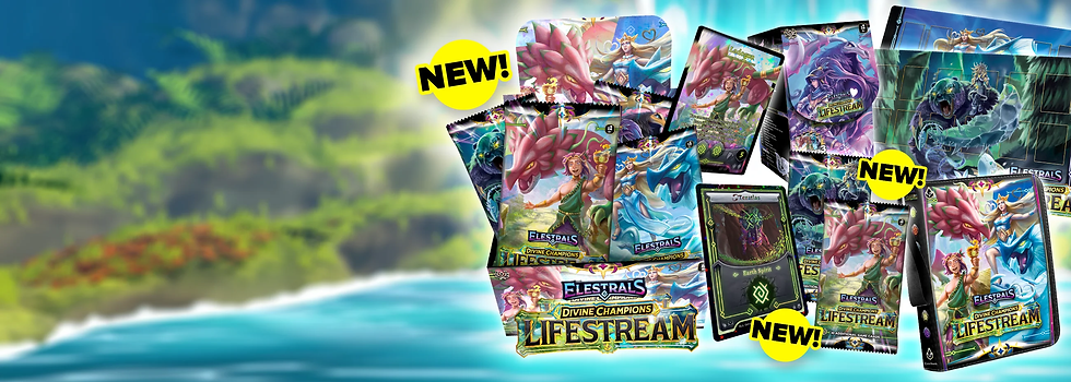Trading card packs and boxes with vibrant fantasy artwork, labeled "Elestrals Divine Champions Lifestream." "NEW!" text is prominent.
