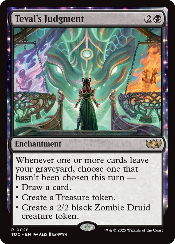 Enchanting figure in green stands before a mystical mural with glowing patterns and flames. Text on card: Teval's Judgment, Enchantment.