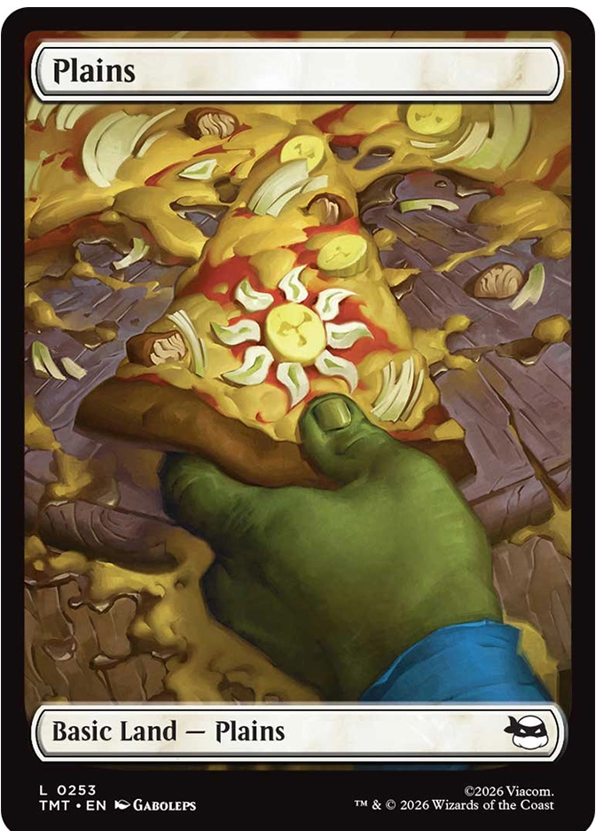 A slice of pizza decorated with a sun-shaped pattern of cheese and toppings is held forward against a golden, flat landscape. The ground below is covered with scattered slices and melted cheese.