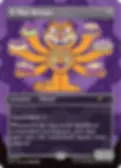 Cartoonish orange creature with six arms holds desserts on a purple patterned background. Text reads: "It That Betrays," "Creature — Eldrazi."