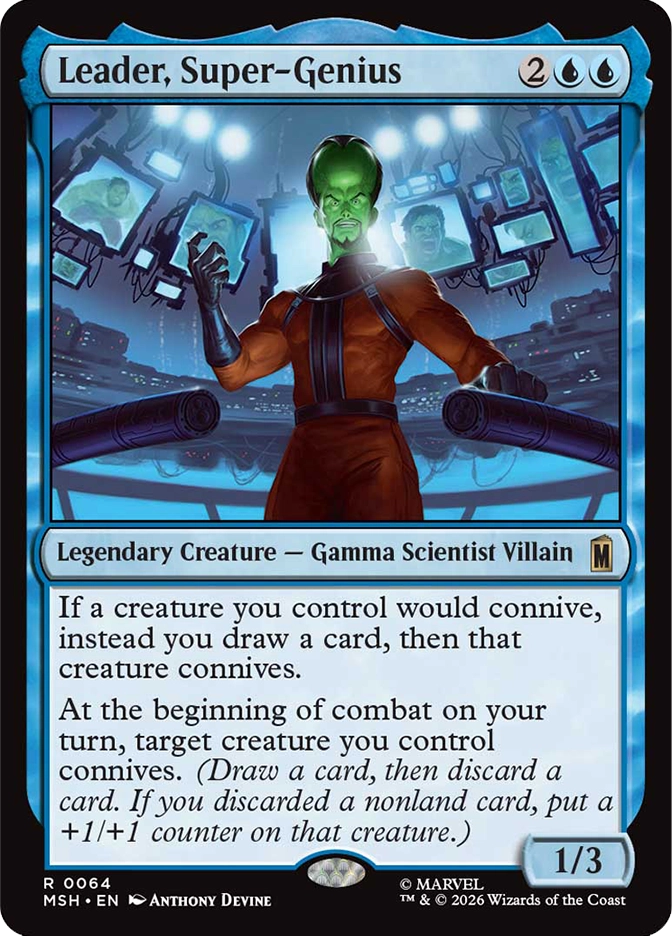 Leader, Super-Genius — Rare Legendary Creature, Gamma Scientist Villain, cost 2UU, 1/3, card #R0064. A lean green-skinned figure in a dark rust-red coat stands arms slightly raised in a high-tech surveillance control room, multiple screens displaying green-tinted images of a large green creature visible behind him, blue lighting filling the environment. Abilities: If a creature you control would connive, instead you draw a card then that creature connives; At the beginning of combat on your turn, target creature you control connives. MSH set, blue border, art by Anthony Devine, Marvel. 2026 Wizards of the Coast.