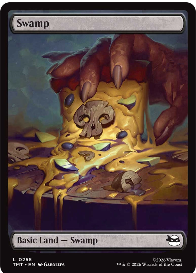 A slice of pizza topped with mushroom pieces arranged in skull-like shapes is lifted from a dark, murky table of melted cheese. Purples and grays fill the atmosphere, giving the scene a grim, swampy feel.