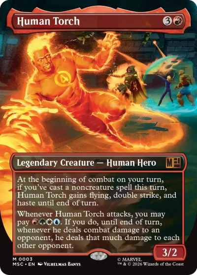A fiery hero engulfed in flames, charging forward in a battle stance inside a futuristic setting. The card frame is red.