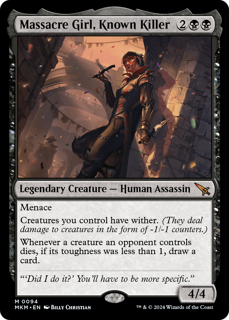 A masked assassin brandishes a dagger in a shadowy stone archway. The card reads "Massacre Girl, Known Killer", featuring wither ability.