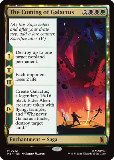 A towering cosmic figure descending from a glowing red sky, with smaller silhouetted figures standing on the ground below. The card frame is gold and black with segmented saga text.