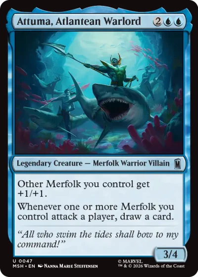 A fantasy card featuring an armored merfolk warrior riding a large shark underwater, surrounded by coral and other merfolk. The card frame is blue, and the text describes abilities that boost other merfolk and draw cards when they attack.