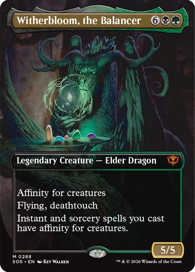 Magic: The Gathering — Secrets of Strixhaven. Witherbloom, the Balancer, Mythic Rare, Legendary Creature — Elder Dragon, 5/5. Art depicts a massive dark horned dragon cradling a glowing orb over a tray of small gemstones in a shadowy forest setting.