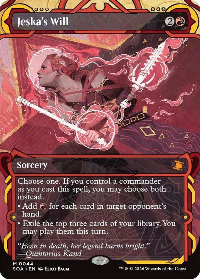 Jeska's Will — Mythic Sorcery, 2R. A fiery-haired woman wields two blazing white staffs, pink and red flame energy swirling around her in a dark crimson room. SOA set, card M0044, art by Eliot Baum.
