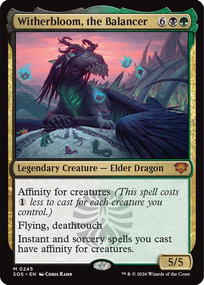 Magic: The Gathering — Secrets of Strixhaven. Witherbloom, the Balancer, Mythic Rare, Legendary Creature — Elder Dragon, 5/5. Art depicts a massive dark feathered dragon resting on a rocky outcrop at dusk, with small creatures gathered around it and glowing blue tomes floating nearby.