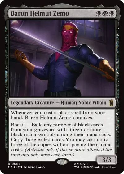 A trading card featuring Baron Helmut Zemo, a masked villain in a purple outfit with a red hood, holding a sword across his chest. The background is dark and ominous. Text describes him as a Legendary Creature – Human Noble Villain with abilities related to casting black spells and exiling cards.