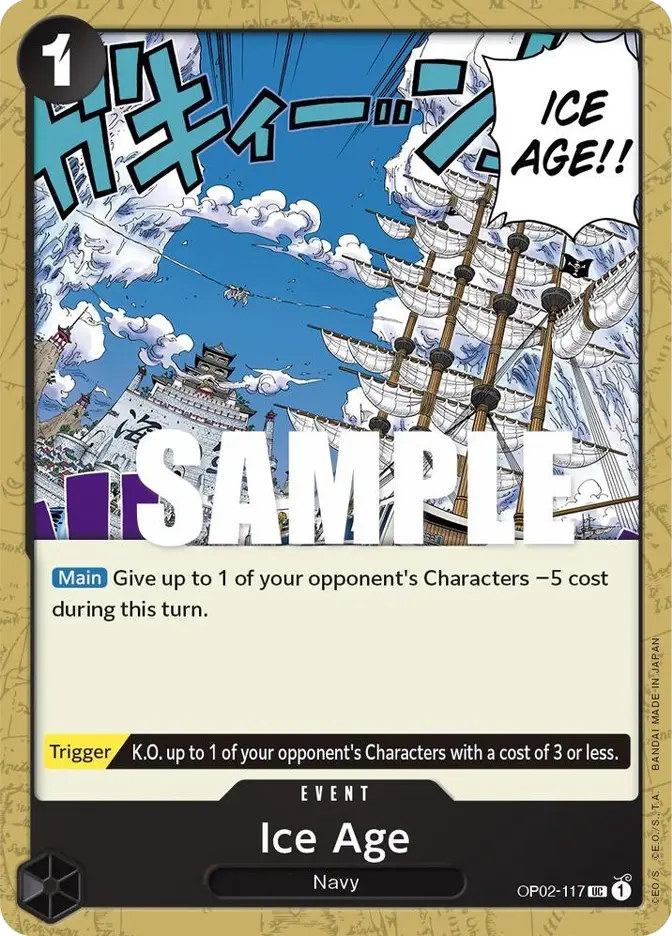 Card featuring a snowy ship scene under a blue sky with text "ICE AGE!" and game details. Central text reads "SAMPLE." Mood is intense.