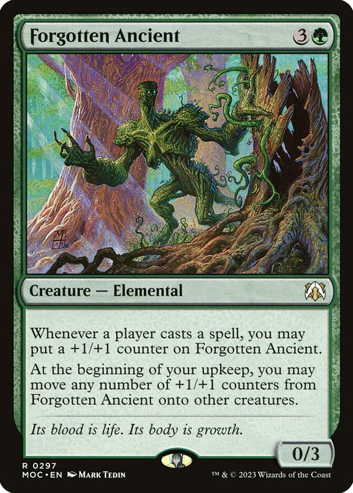 Tree-like creature emerges from a forest, surrounded by vines. Text: "Forgotten Ancient," with game-related rules and stats.