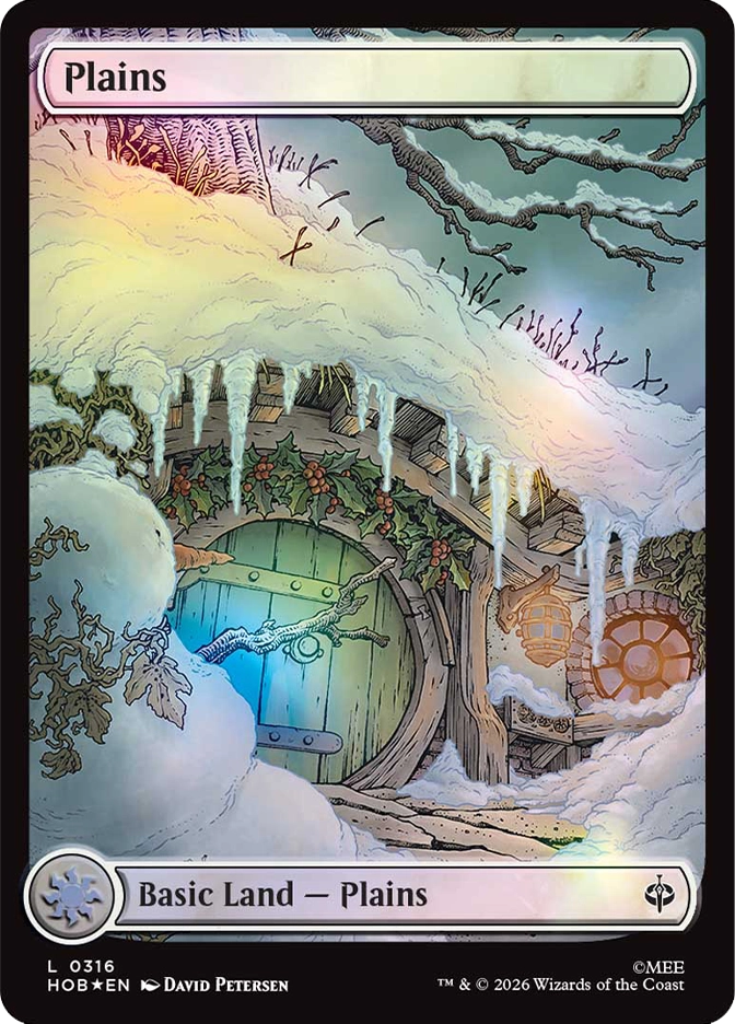 MTG The Hobbit Plains basic land card showing Bag End's round hobbit hole door buried under deep winter snow, icicles hanging from the stone archway, holly berries and ivy frozen at the entrance, a lantern glowing warmly beside the snow-covered wheel, and bare branches heavy with frost overhead. Art by David Petersen.