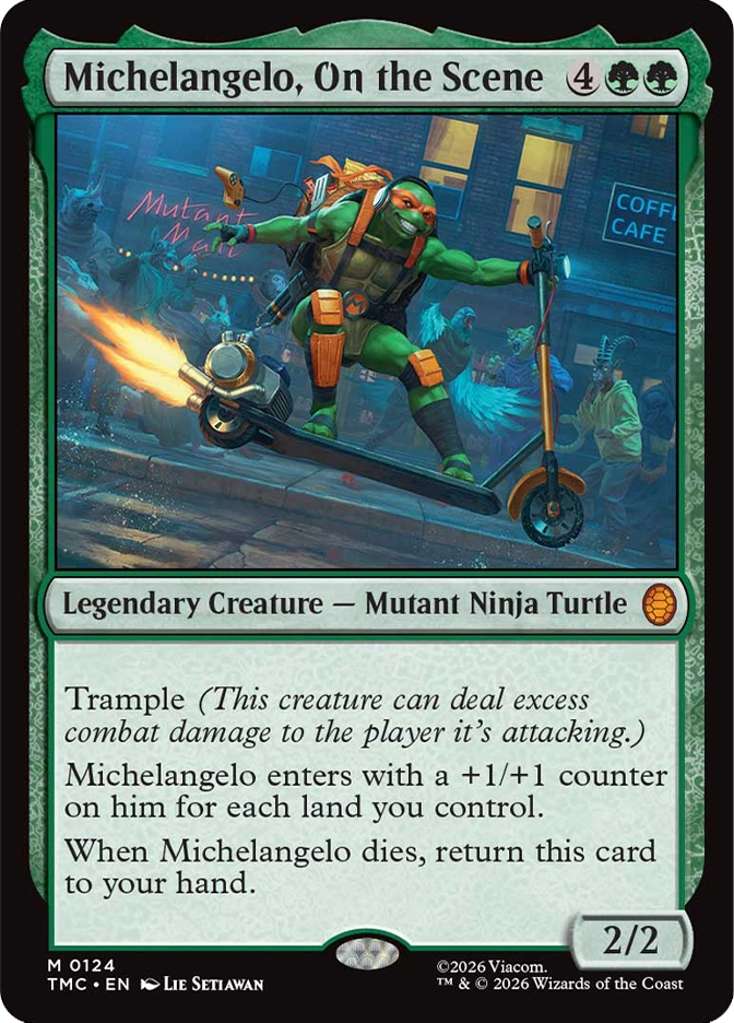 A turtle warrior rides a high‑tech flying skateboard through a city street, leaving a trail of sparks as he speeds past glowing graffiti and startled bystanders. He wields nunchaku and wears bright orange gear.