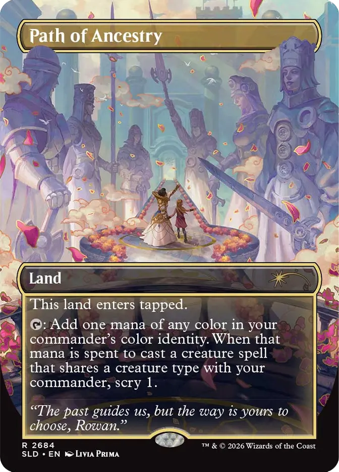 Magic: The Gathering card Path of Ancestry showing statues around two figures on a glowing platform; land enters tapped.