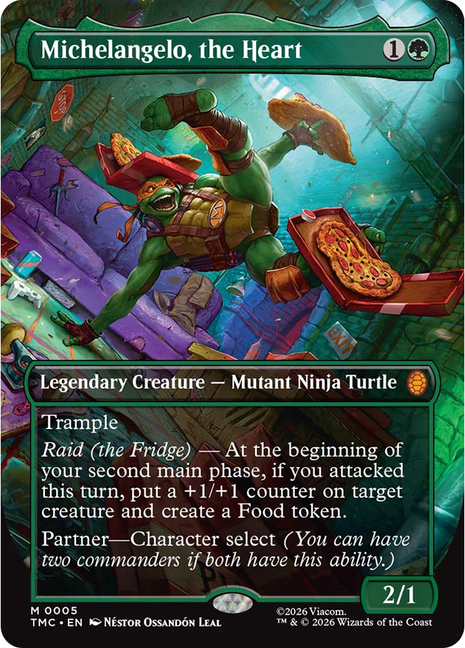 A cheerful mutant turtle leaps joyfully across a messy living space scattered with food, pizza boxes, and colorful furnishings, holding a slice of pizza in one hand.