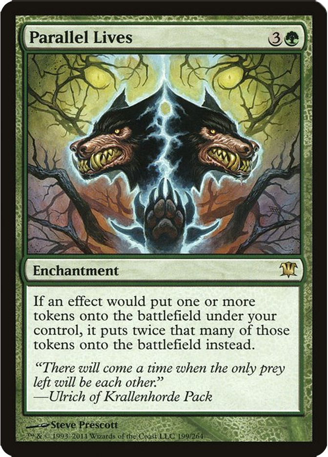 Magic card "Parallel Lives" shows a werewolf with two heads in a forest. Text describes a doubling token effect. Dark, mystical mood.