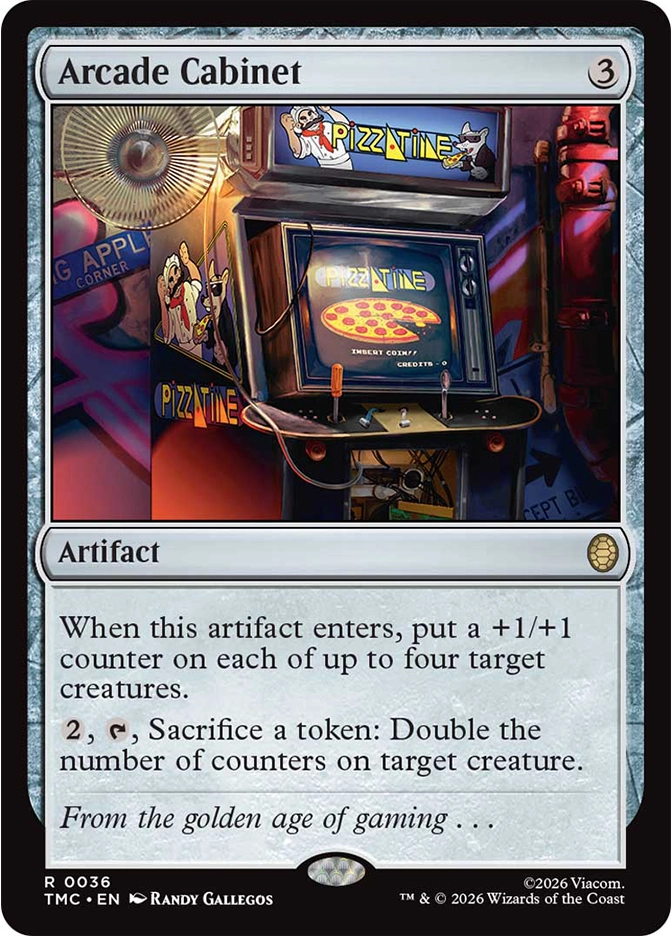 An old-fashioned arcade machine themed around pizza, with cartoon characters on the marquee and a glowing screen showing a pizza-themed game. Wires, buttons, and knobs surround the machine in a dimly lit arcade corner.