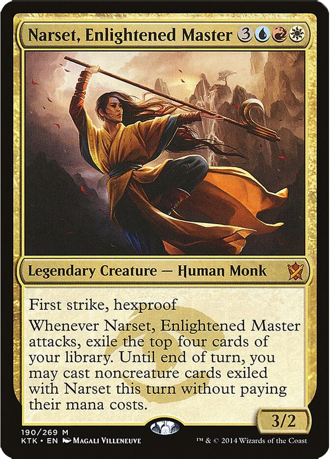 Warrior in flowing robes wields a staff amidst rocky terrain. Card titled "Narset, Enlightened Master" with game text and stats.