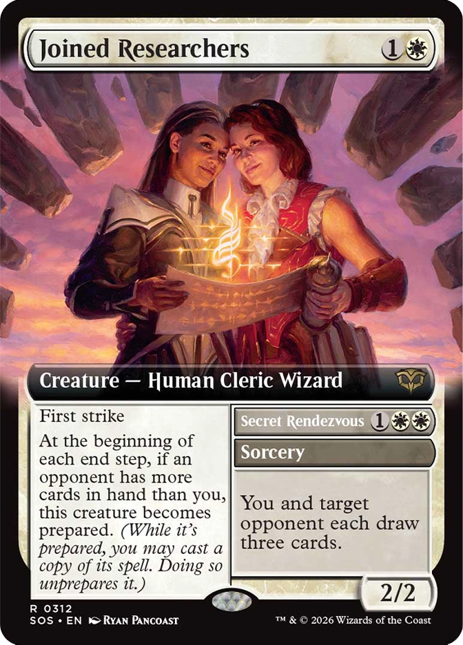 Magic: The Gathering — Secrets of Strixhaven. Joined Researchers, Rare, Creature — Human Cleric Wizard, 2/2. Art depicts two students leaning heads together while holding a glowing scroll between them.