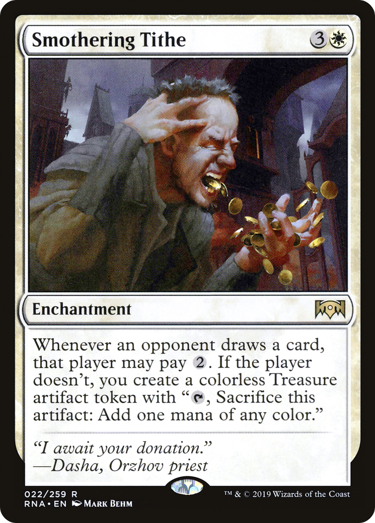 A man desperately clutches floating coins against a dark urban backdrop, emitting a frantic mood. Card text details "Smothering Tithe."