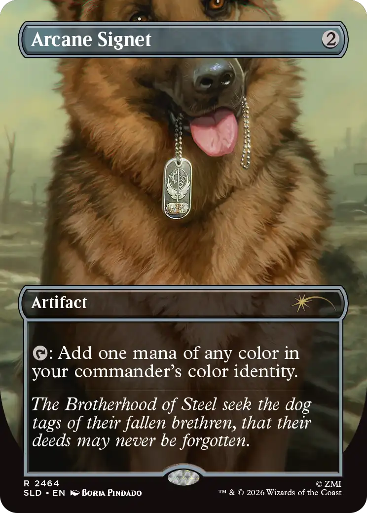 A large brown German Shepherd sits in a wasteland landscape, panting happily with its tongue out. Dog tags bearing the Brotherhood of Steel emblem hang from its collar. The background shows a desolate, foggy ruin.