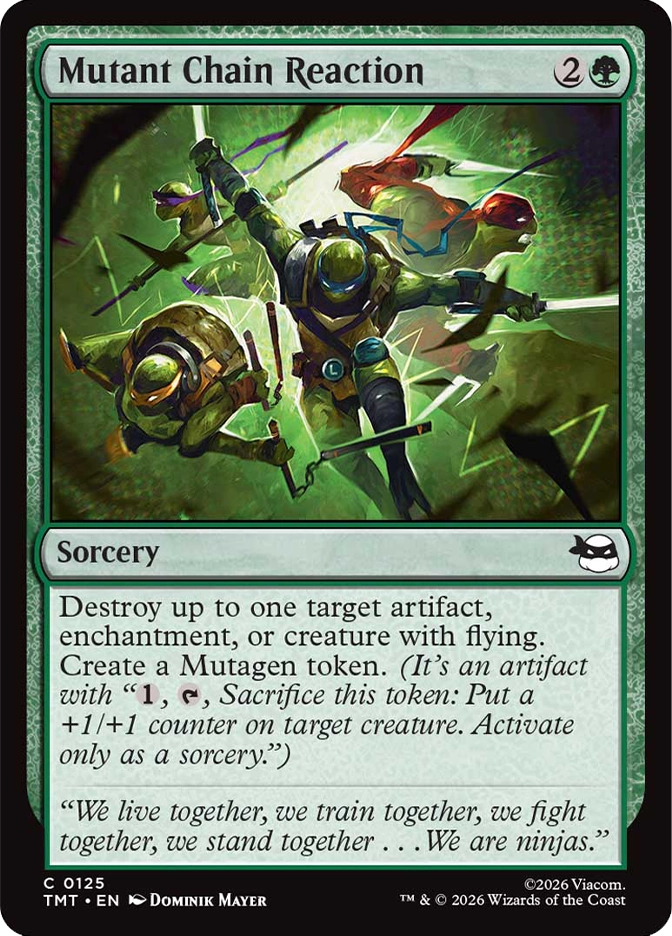 Three turtles leap into action across a glowing green battlefield, striking with synchronized attacks as streams of mutagenic energy whip around them.