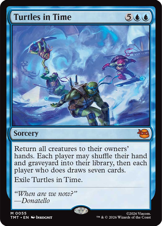 Four turtles are pulled through a swirling blue time vortex, each tumbling through fragmented images of clocks, waves, and shifting light as they reach out in different directions.