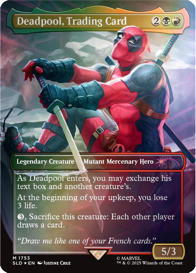 Deadpool trading card featuring Deadpool sitting with swords, colorful background, and game text. Mood is humorous; colors are red and blue.