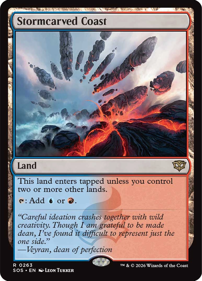 Magic: The Gathering — Secrets of Strixhaven. Stormcarved Coast, Rare, Land. Art depicts a dramatic aerial view of a volcanic coastline with glowing lava flows and large rocky formations launching into a stormy sky.